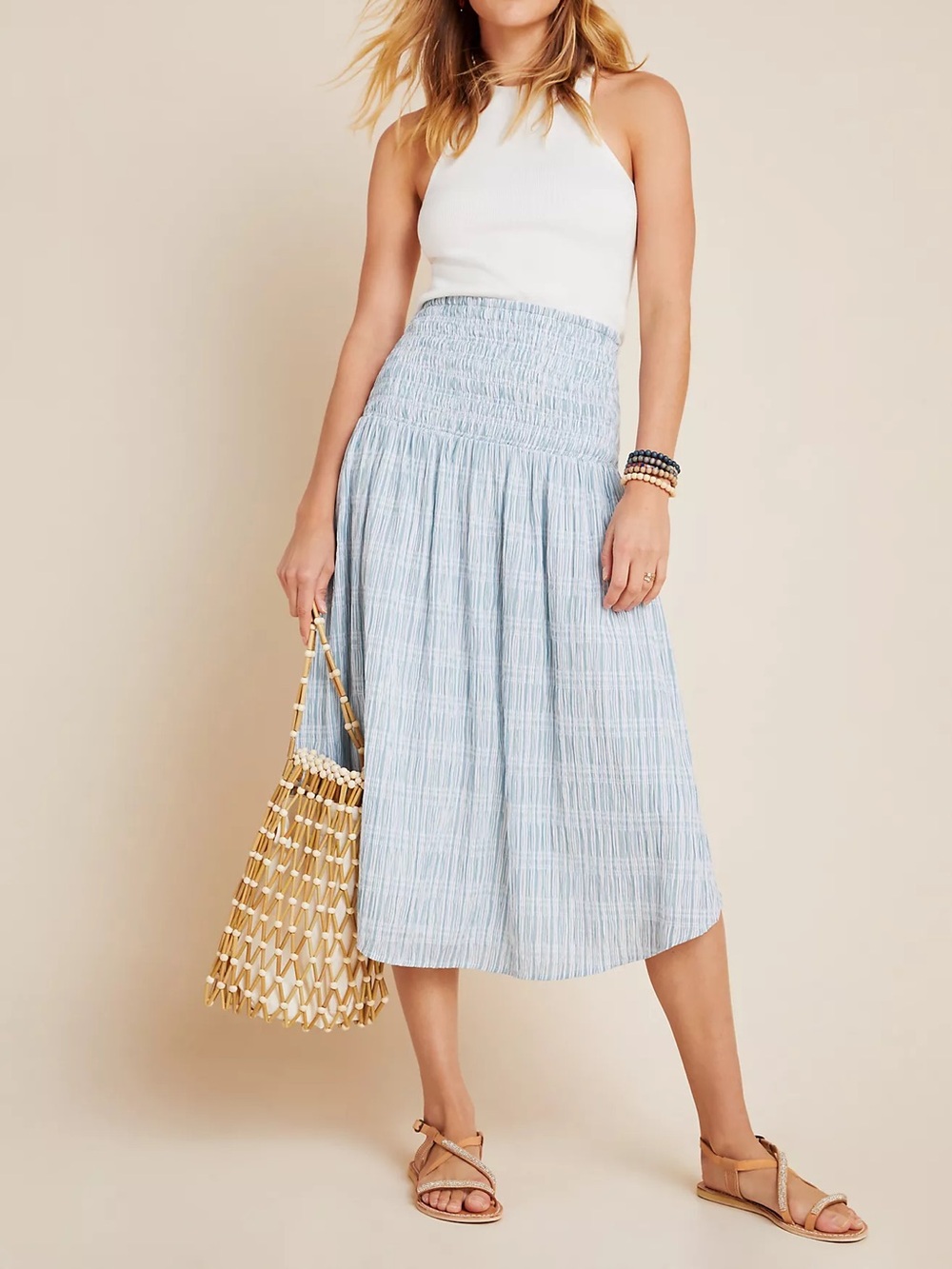 Anthropologie Maeve Karyn Smocked Midi Skirt Size Medium Striped Blue